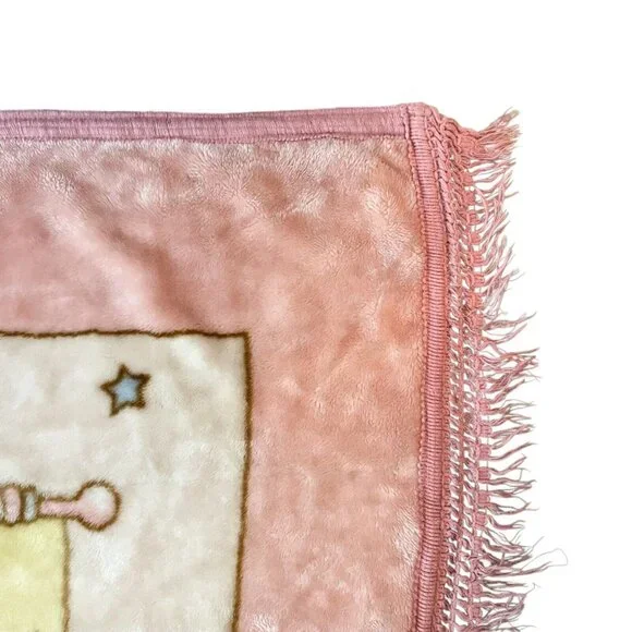 VTG Novatex? Plush Baby Crib Blanket Beige Pastel Pink Crochet Trim Fringe 60x42